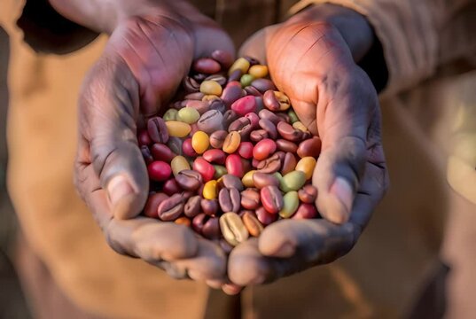 Rustic image of hands cradling a variety of beans. Agriculture, nature, and harvest themes. Close-up view. Generative AI