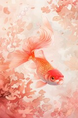 goldfish swimming in the ocean, flowers in the background