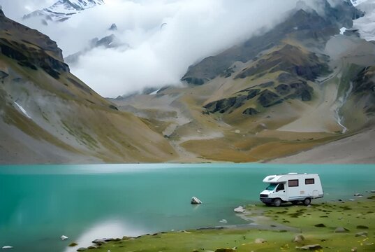 AI generated scenic mountain lake with a lone camper van, embodying tranquility and adventure. Generative AI