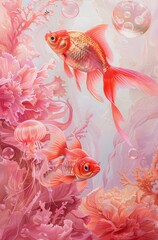 goldfish swimming in the ocean, flowers in the background