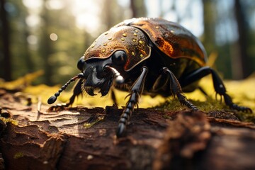 A detailed view of a beetle as it crawls slowly on the rough surface of a tree trunk, showcasing...