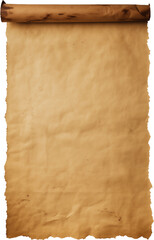 ANCIENT BLANK SCROLL, Isolated, Vertical aged paper, Parchment, Page, Sheet. A backdrop image of a slightly worn roll of ancient paper with wide space suitable for memo, message, text placement.