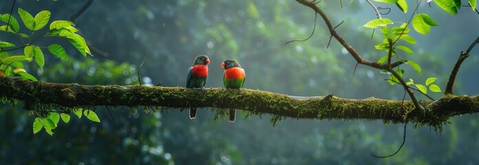 A pair of beautiful vibrant birds sat on a branch of an old tree and sunlight filtering through dense foliage in mountainous areas.