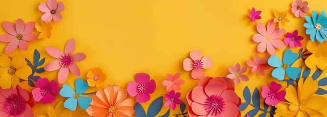 Vibrant colorful paper cut flowers frame on yellow background