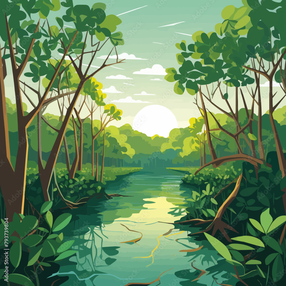 Wall mural lush mangrove forest vector simple smooth cut isolated illustration