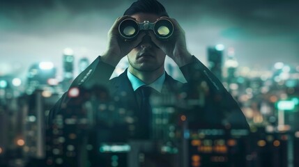Businessman Searching Opportunities with Binoculars Overlooking Cityscape. Generative ai