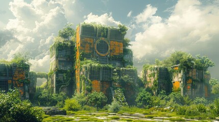 Futuristic vision of overgrown, abandoned city buildings cloaked in lush greenery under a bright cloudy sky - obrazy, fototapety, plakaty