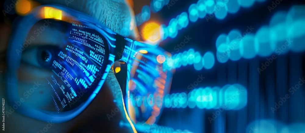 Poster cybersecurity specialist analyzing encrypted data streams. generative ai