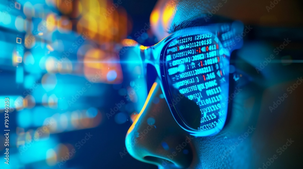Poster cybersecurity specialist analyzing encrypted data streams. generative ai