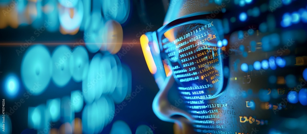 Poster cybersecurity specialist analyzing encrypted data streams. generative ai