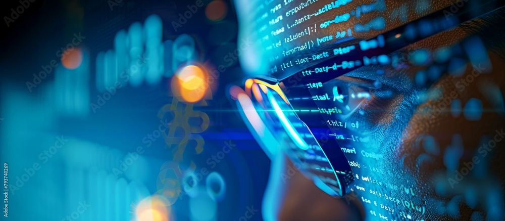 Poster cybersecurity specialist analyzing encrypted data streams. generative ai
