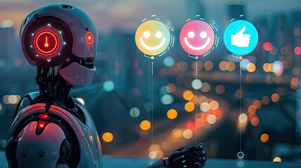 A robot is looking at three smiley face symbols floating in front of it, each representing different emotions like happiness and sadness with check marks on one symbol.