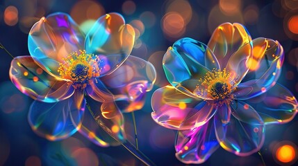 There are two transparent flowers with rainbow-like reflections on a dark background.