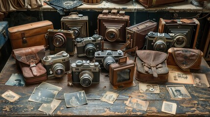Vintage photography equipment and old world maps spread on rustic wooden table - obrazy, fototapety, plakaty
