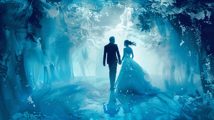 Wedding couple holding hands in a blue fantasy environ
