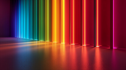Creative Abstract 3D background. Rainbow Colors. Minimal Design, Harmony. Wall, Room, Building, Indoor Space. Lights, Stripes, Shapes. Art, Fun, Party. Equality, Diversity, Human Rights, Pride Flag.