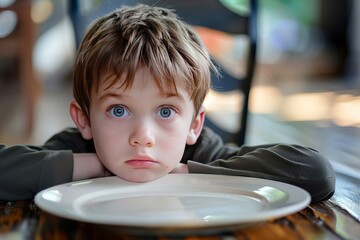 Young boy kid in front of an empty plate , starvation and undernutrition concept image for topic related to child nutritional deficiencies - obrazy, fototapety, plakaty