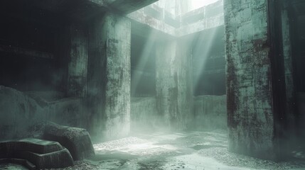 Eerie sunbeams illuminate an abandoned AI processing facility enveloped in dust