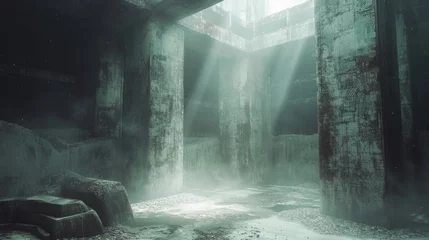 Fotobehang Eerie sunbeams illuminate an abandoned AI processing facility enveloped in dust © Yusif