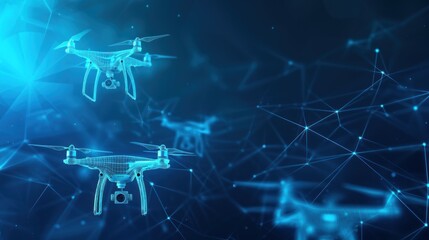Digital wireframe of drones flying