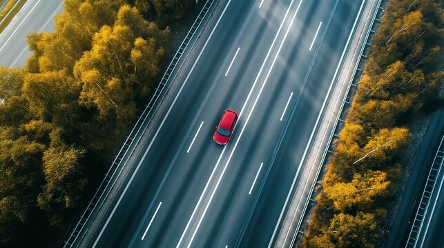 Ariel View of red car running on empty highway