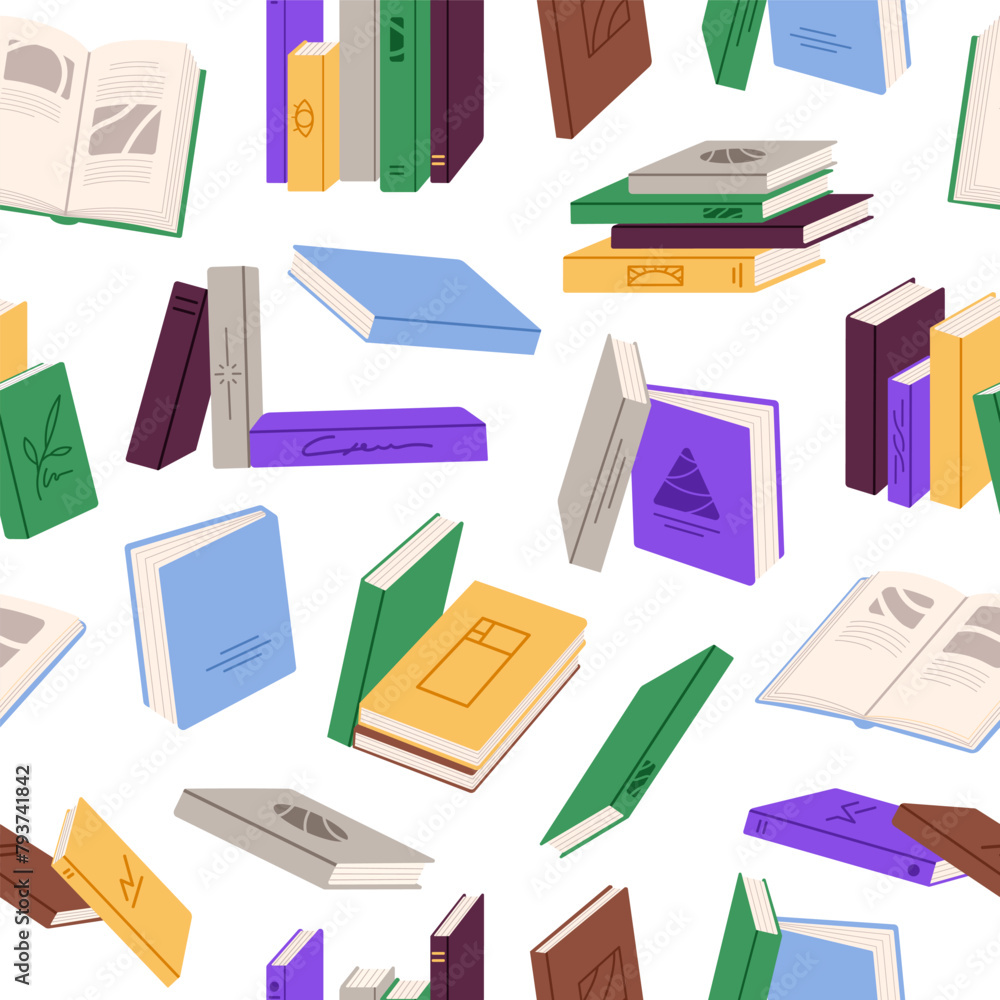 Poster repeatable pattern of horizontal or vertical stacks of paper books. endless backdrop with academic l