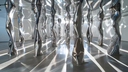 Foto op Canvas interior space of art installation featuring towering sculptures made from twisted chrome beams, their reflective surfaces creating mesmerizing patterns of light and shadow © 1eve