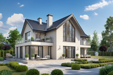 3d rendering of house with gable roof, modern twostory cottage in beige color on the background of greenery and blue sky. The front view is from an angle, a large window, terrace, wooden floor, door,