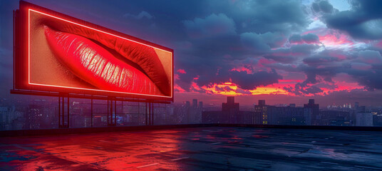 Billboard with red lip is lit up in the evening for promotion and advertising