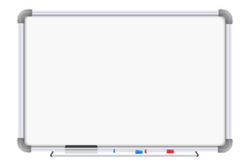 Realistic whiteboard. Empty whiteboard with marker pens