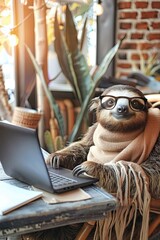 Naklejka premium a sloth behind a laptop