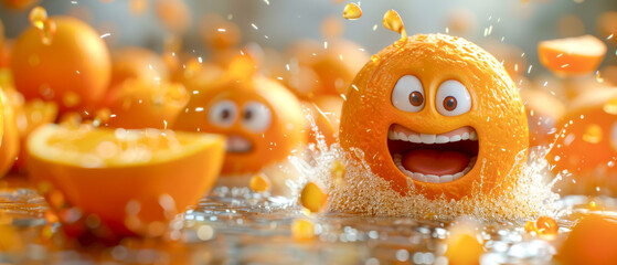 A fun cartoon orange with big smile on its face surrounded by other oranges