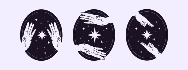 Oval shape icons with hands and stars set. Spiritual, esoteric gestures with space. Magic meditation emblems, occult decor in minimal style. Astrology symbols. Flat isolated vector illustrations