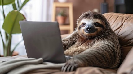 Naklejka premium a sloth behind a laptop