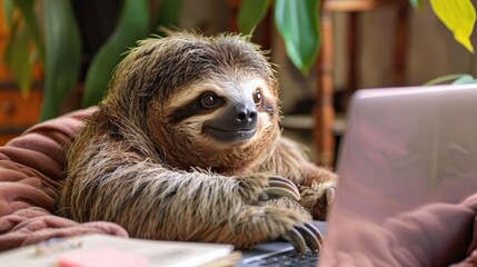 Fototapeta premium a sloth behind a laptop