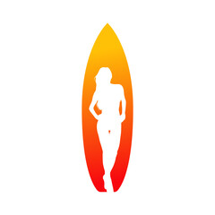 Logo club de surf. Silueta de mujer de pie frente a tabla de surf en espacio negativo