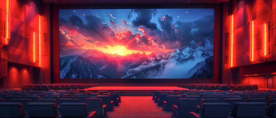 A movie theater with large screen showing a beautiful sunset and mountains