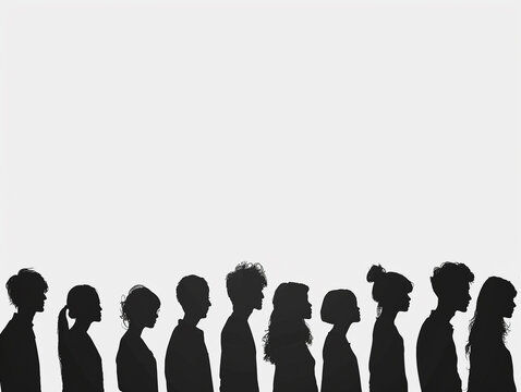 a row of black siluets of people look in, we see them only from the back, white background, vector