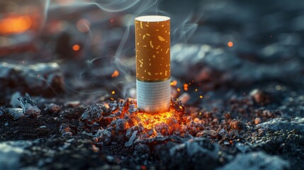 Solitary cigarette upright in focus against a chaos of crushed cigarette remnants on a pure background - obrazy, fototapety, plakaty