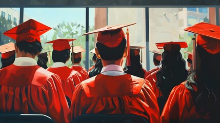  illustration of Graduates wear red graduation gowns