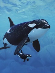 Obraz premium A solitary orca rises towards the oceans shimmering surface, its skin glistening with bubbles against the light.