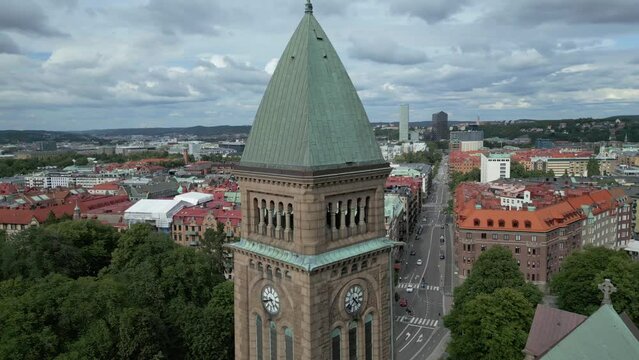 View over central Gothenburg, Sweden. Rooftop vinter view over the city, with city area Landala. A summer view of Gothenburg city skyline in Sweden. City of Gothenburg rooftops panoramic view. Drone 