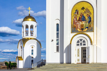 Holy Trinity Church facade view in Kurgan, Russia.	