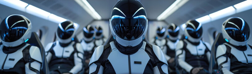 A group of individuals dressed in sleek white and black futuristic attire, standing together in a modern setting