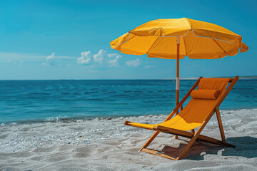 Yellow sun lounger with sun umbrella, ocean background. Summer travel and holidays
