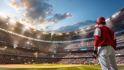 Baseball player positioned at stadium center, prepared for play, showcased on a wide banner display - obrazy, fototapety, plakaty