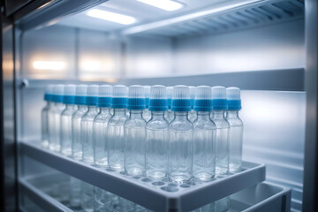 Sealed vaccines vials kept in low temperature cold storage fridge for preservation of drug potency. Bottles of liquid medicine stored in a medical cooling freezer at a healthcare research laboratory.