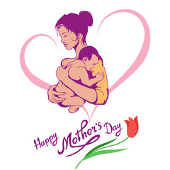 Set of Mothers Day. Hand drawn mother with baby. Lettering fo mothers day. Vector artwork.