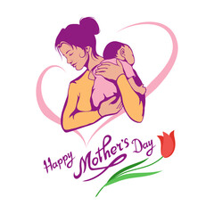 Set of Mothers Day. Hand drawn mother with baby. Lettering fo mothers day. Vector artwork.