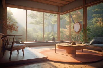 Japanese House Living Room with Large Window and Stunning Landscape View